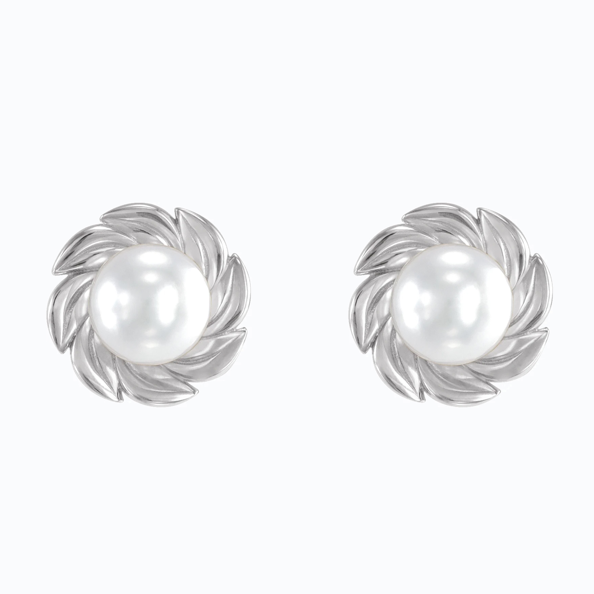 Leaf Motif Cultured Akoya Pearl Stud Earring, 14k White Gold